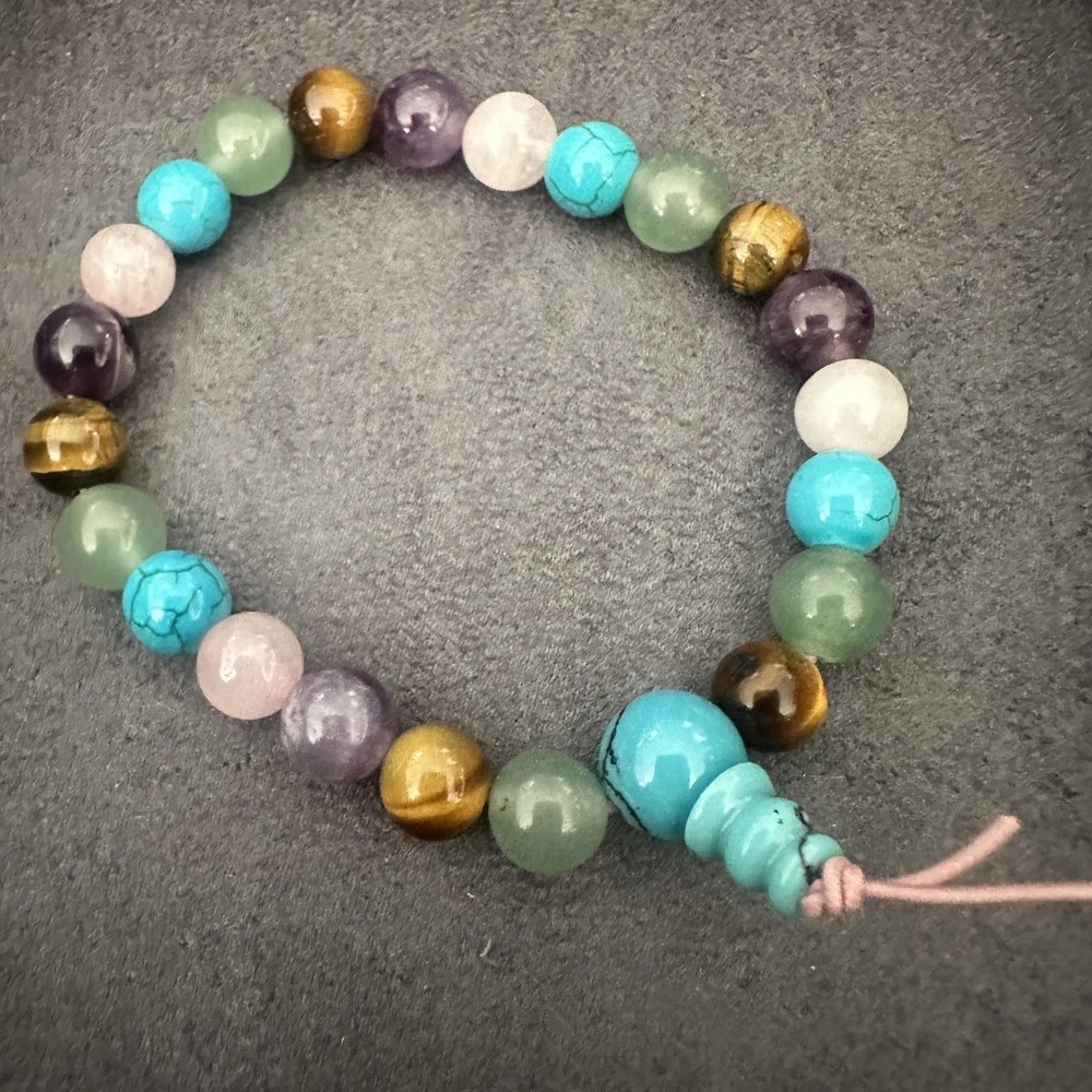 Multicolor Gemstone Beaded Bracelet Womens 7 Inch Healing Boho‎ Tie Cord Yoga